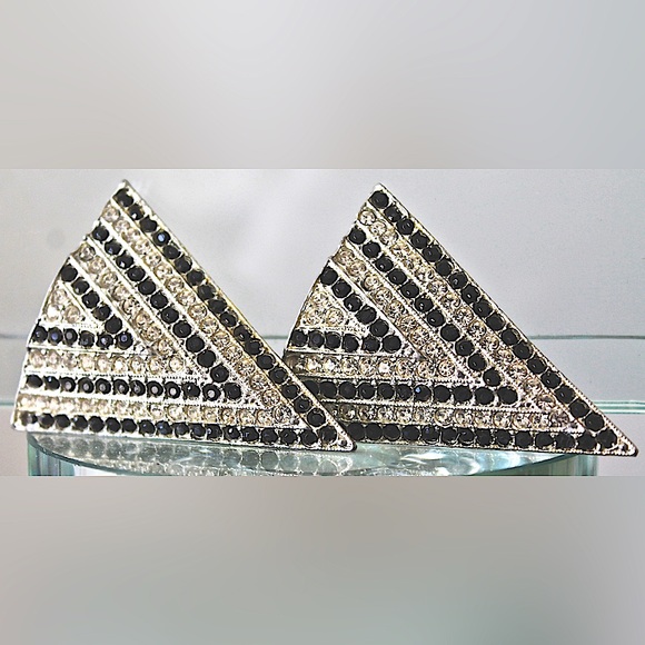 TARA EARRINGS CLIP ON VINTAGE SILVER BLACK CLEAR CRYSTAL SAMPLE 90’s PYRAMID - Picture 3 of 5